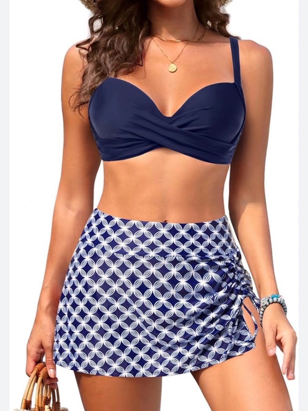 Younique Navy Twist-Front Bikini Top with Navy Geometric Swim Skirt